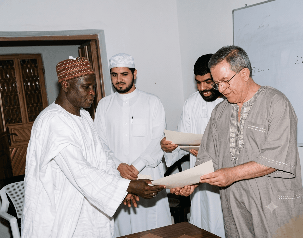 The founder presenting a certificate to a Diploma Section graduate